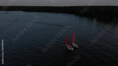 Scarlet sails. Aerial view of the boats in the Moscow river  in the summer 