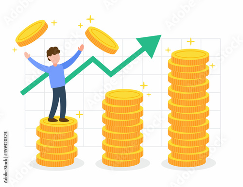 Man stands on stack of golden money coins with positive graph. Creative finance concept of investment, rich or wealth. Trendy cute cartoon vector illustration. Modern flat style graphic design.