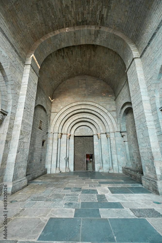 Jaca, Huesca September 10, 2021, side door at the cathedral of Jaca