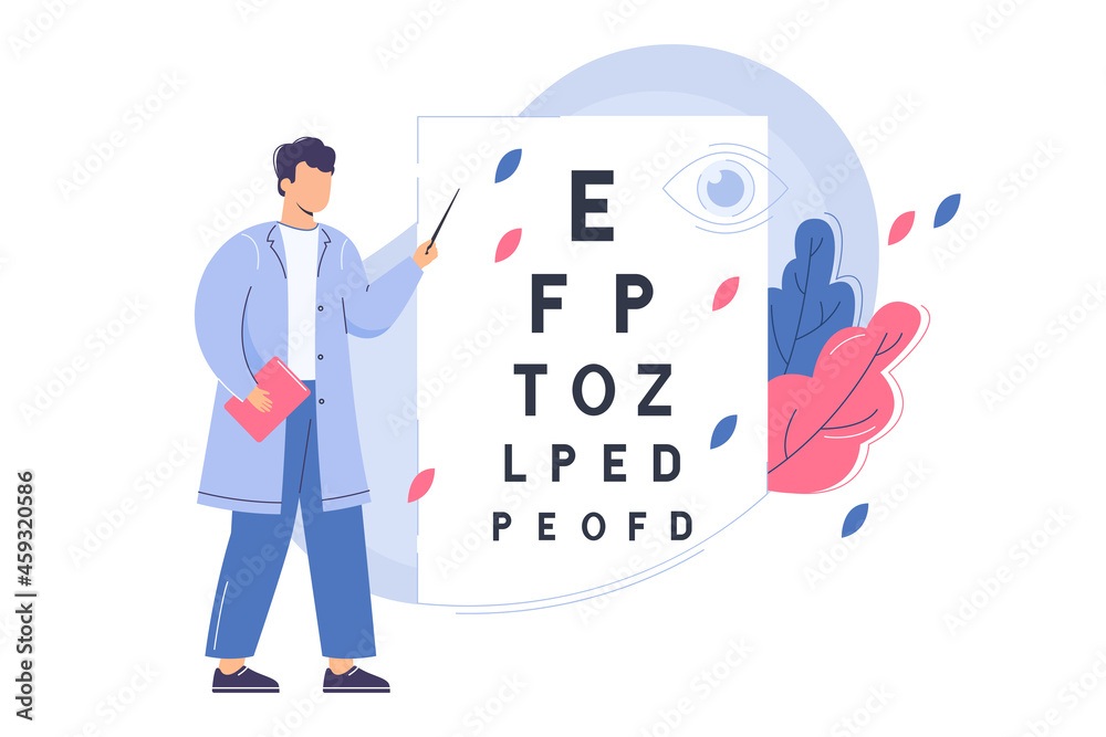 Flat ophthalmologist check eyesight with eye test chart. Man oculist with pointer measure visual acuity. Doctor diagnose eyes condition in clinic. Medical diagnostic or ophthalmic exam concept. Flat ophthalmologist check eyesight with eye test chart. Man oculist with pointer measure visual acuity. Doctor diagnose eyes condition in clinic. Medical diagnostic or ophthalmic exam concept.