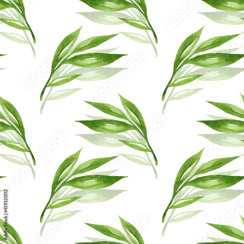 Fototapeta Naklejka Na Ścianę i Meble -  Floral background with green leaves watercolour in hand drawn style. Green leaves seamless pattern on white. Foliage  background for paper, textile, wrapping and wallpaper.