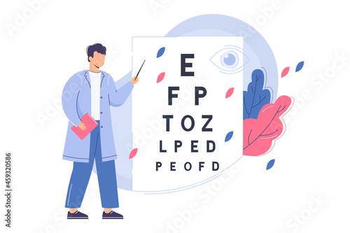 Flat ophthalmologist check eyesight with eye test chart. Man oculist with pointer measure visual acuity. Doctor diagnose eyes condition in clinic. Medical diagnostic or ophthalmic exam concept.