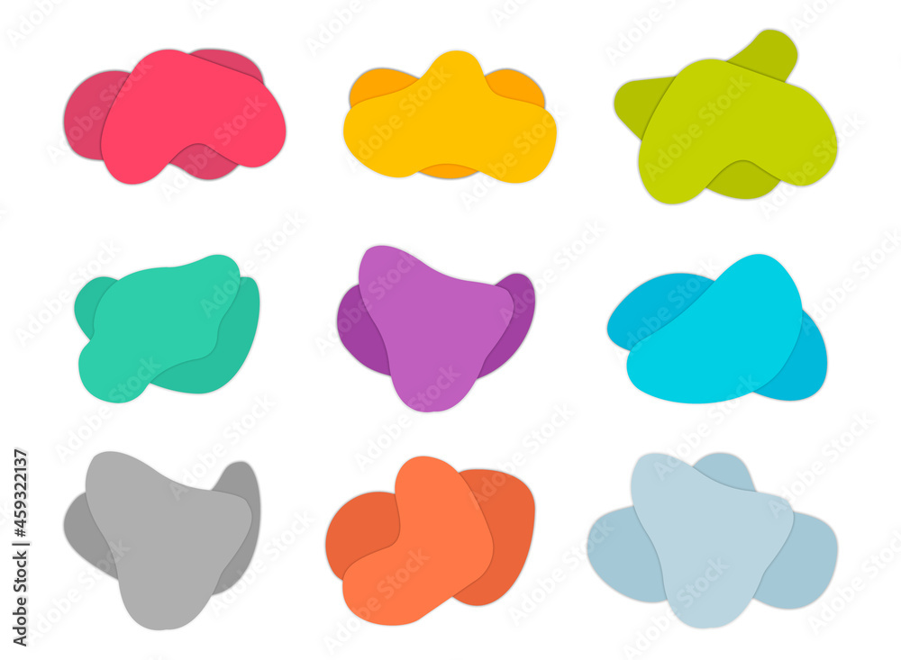 Abstract geometric shapes with gradient. Set of isolated azure or blue flud spot, red brush blob, bright yellow blotch, violet aqua stain for flyer background. Card design template with free shapes