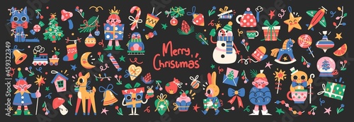 Set of Cute Merry Christmas and Happy New Year Illustrations or stickers. Festive christmas characters and objects