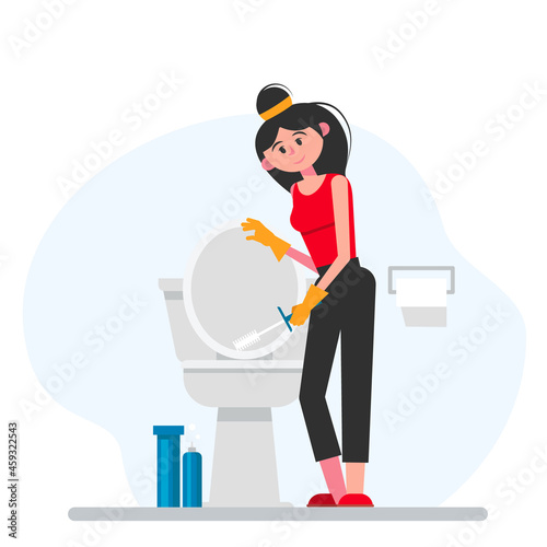 Woman cleaning bathroom. Housewife washes toilet bowl with brush. Lavatory room. Vector illustration.