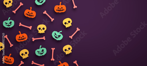 Halloween banner background with pumpkins  bones  skulls and copy space in 3D rendering. Happy Halloween flyer template with stuff in paper cut style
