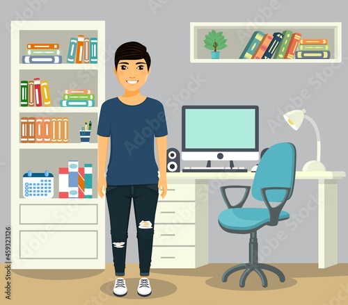 A young guy in the workplace. An employee of the office working in his office, standing near a desk with a computer. In flat style. Cartoon