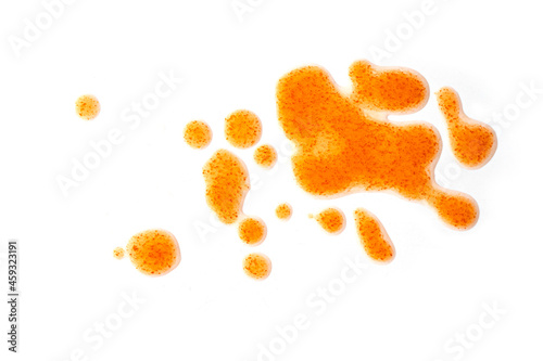Wallpaper Mural Red drops of chili sauce, close-up spots, splashes isolated on white background, top view. Torontodigital.ca