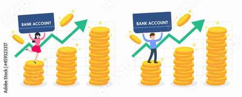 Woman and man holding bank passbook and stand on stack of golden money coins. Creative finance concept of interest from savings, rich or wealth. Trendy cute cartoon flat style vector illustration.