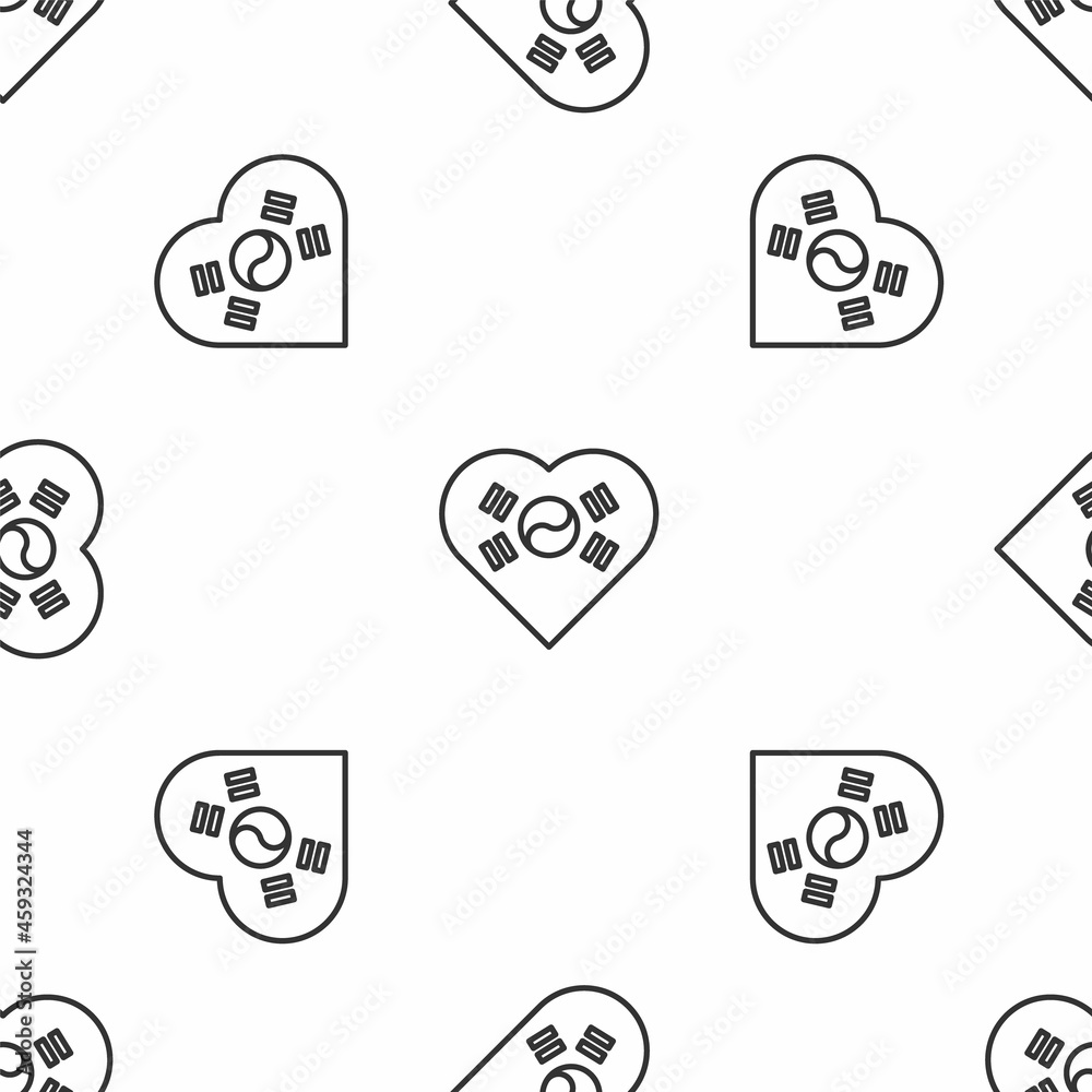 Grey line Love Korea emblem with heart in national flag icon isolated seamless pattern on white background. Vector