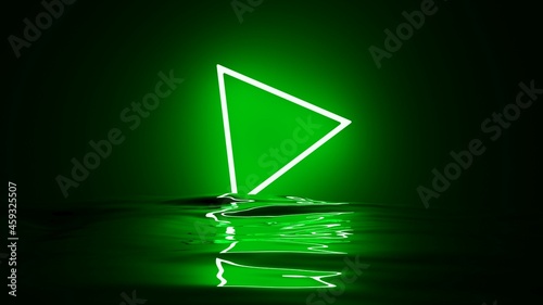 Foto Flourescent green triangle reflected on water at night