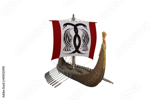 Viking war longboat with sails and packs isolated on the white background. 3D rendering illustration.