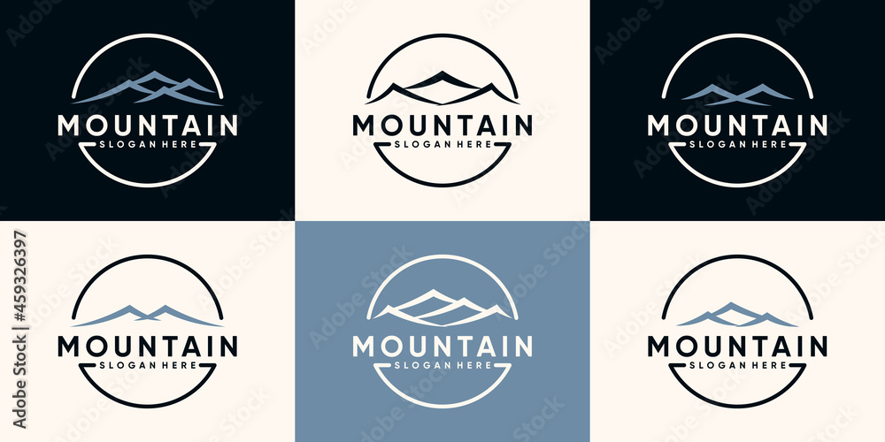 Set bundle of mountain logo design with line art style and circle concept Premium Vector
