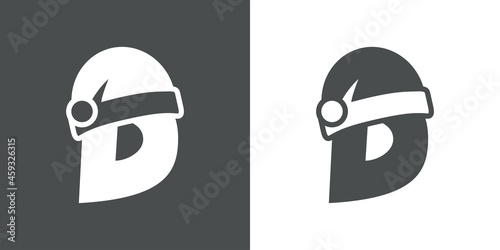 Logotipo con letra inicial D con silueta de gorro de Papá Noel en fondo gris y fondo blanco