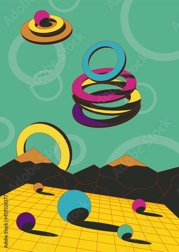 1980s Abstract Space Illustration, 3D Geometric Shapes, Circles and Balls, Perspective Grid, Vintage Colors