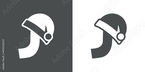Logotipo con letra inicial J con silueta de gorro de Papá Noel en fondo gris y fondo blanco