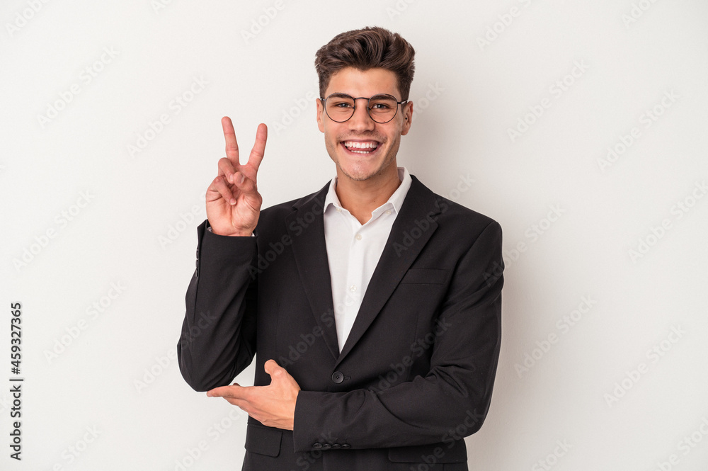 Young business caucasian man isolated on white background showing number two with fingers.
