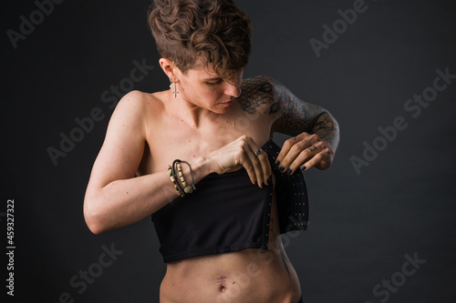 Transgender non-binary tomboy wearing Binder bra for aesthetic. Small breast Self identity problem