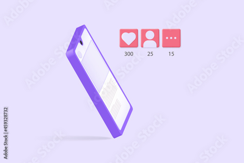 illustration of a mobile phone with social media posts showing likes, new followers and comments from viewer
