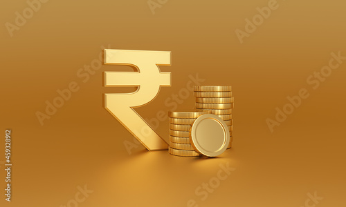 Stack of gold coins next to Indian rupee symbol on a golden background. Currency exchange.