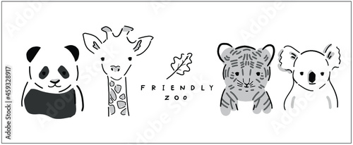 Sweet animal vector illustration set in hand-drawing. Cute animal head shot picture of panda bear, giraffe, tiger, and koala with hand lettering - Friendly Zoo - 