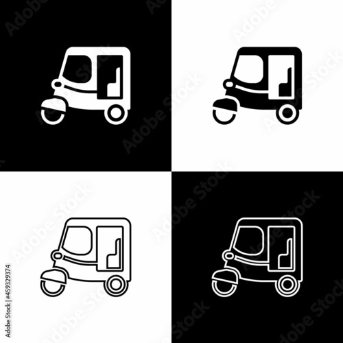 Set Taxi tuk tuk icon isolated on black and white background. Indian auto rickshaw concept. Delhi auto. Vector