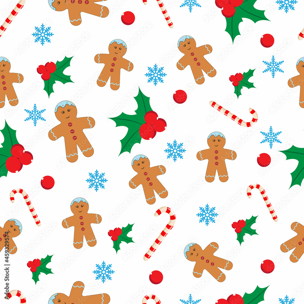 Pattern with Gingerbread, Candy Cane and christmas berry