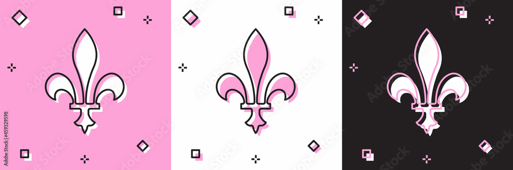 Set Fleur De Lys icon isolated on pink and white, black background. Vector