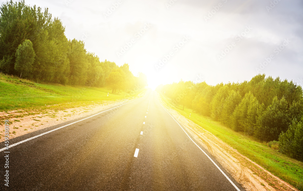 Asphalt road in green forest. Asphalt road in green forest.