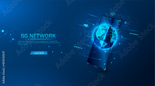 High-speed connection to the world Wide Web from anywhere in the world via the mobile Internet. The hologram of the earth consists of a polygon, and points. Vector illustration.