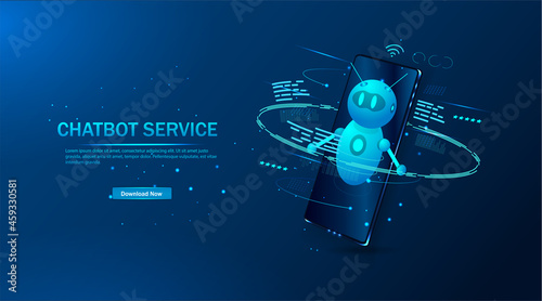 Vector illustration of an isometric robot-bot working with a virtual interface. Banner of online training. Artificial intelligence, Automation of technological processes and engineering.