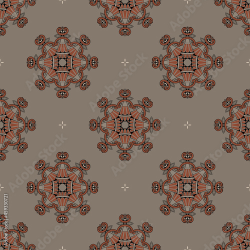 Seamless ethnic pattern with round mandalas of female figurines of a goddess. Pottery folk design of Great Mother. On gray background.