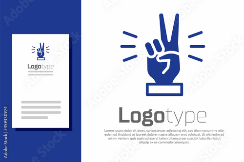 Blue Hand showing two finger icon isolated on white background. Victory hand sign. Logo design template element. Vector