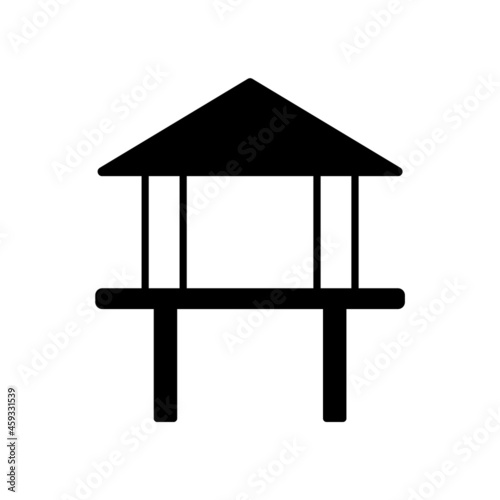 House on stilts glyph icon. Maldives architecture. Tropical resort. Black filled symbol. Isolated vector illustration
