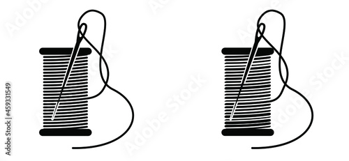 Yarn roll or boll. Cartoon needle with thread. Needle pictogram. Flat black wire vector icon. For sewing clothes. Needle eye symbol. Needlework silhouette line pattern logo. Knit yarn ball.