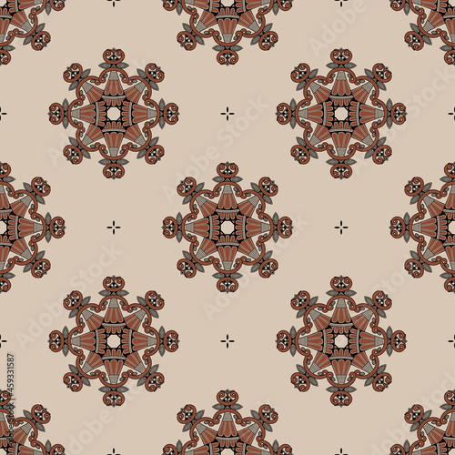 Seamless ethnic pattern with round mandalas of female figurines of a goddess. Pottery folk design of Great Mother. On light background.