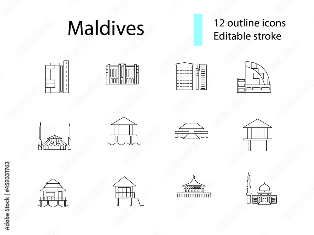Maldives famous buildings outline icons set. Maldives country sightseeing. Editable stroke. Isolated vector illustration