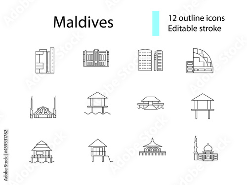 Maldives famous buildings outline icons set. Maldives country sightseeing. Editable stroke. Isolated vector illustration