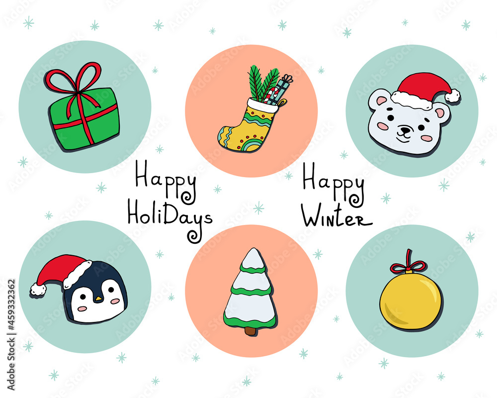 New Year's set: a bear, a penguin, a Christmas tree, a ball decoration, a stocking with gifts 
and with a greeting text. A vector image.