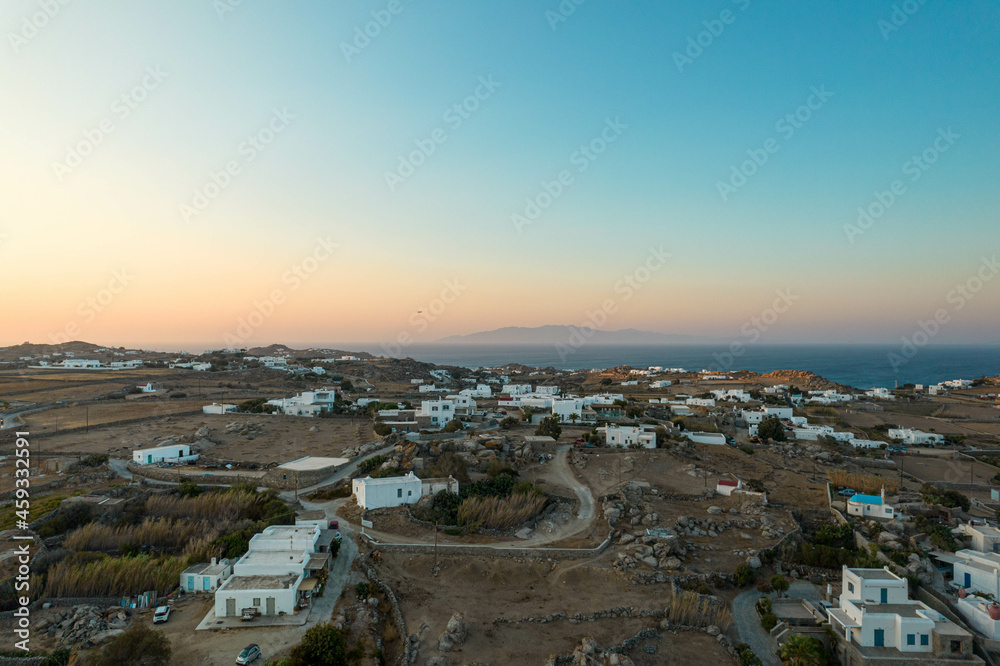 Aerial Sunset View of Mykonos Landscape