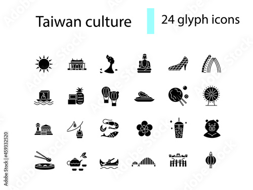 Taiwanese culture glyph icons set. Taiwan specialty. Features of Asian national culture. Isolated vector illustration