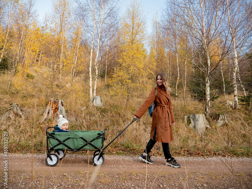 woman with a child in a wagon walking down in the forest photo