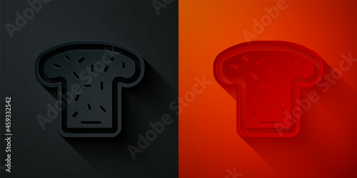 Paper cut Bread toast for sandwich piece of roasted crouton icon isolated on black and red background. Lunch, dinner, breakfast snack. Paper art style. Vector