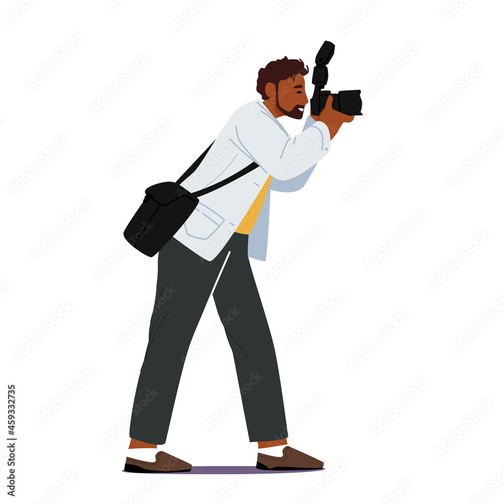 Professional Photographer with Photo Camera and Bag on Shoulder Making Picture. Cameraman Expert Job, Creative Hobby Professional Photographer with Photo Camera and Bag on Shoulder Making Picture. Cameraman Expert Job, Creative Hobby