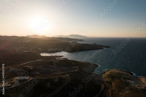 Aerial Drone View of Sunset In Mykonos Greece