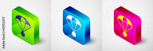 Isometric Parachute icon isolated on grey background. Extreme sport. Sport equipment. Square button. Vector