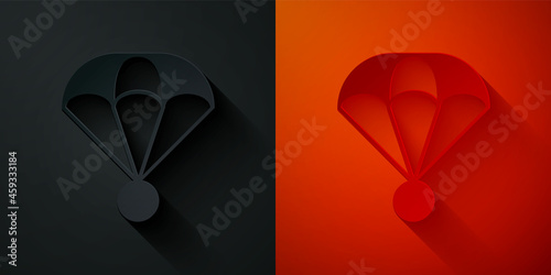 Paper cut Parachute icon isolated on black and red background. Extreme sport. Sport equipment. Paper art style. Vector