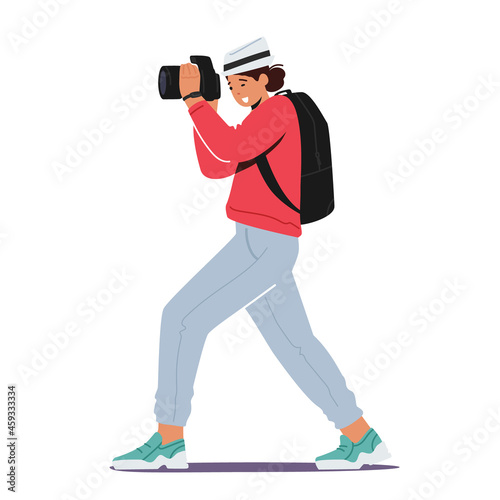 Photo Shooting Concept. Female Photographer, Journalist Traveler Character with Photo Camera Make Picture. Paparazzi Job