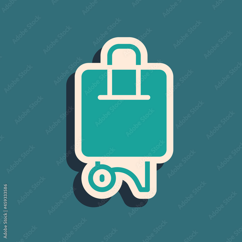 Green Suitcase for travel icon isolated on green background. Traveling baggage sign. Travel luggage icon. Long shadow style. Vector Green Suitcase for travel icon isolated on green background. Traveling baggage sign. Travel luggage icon. Long shadow style. Vector