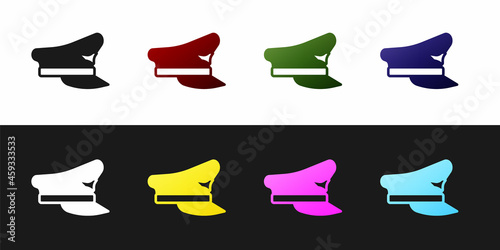 Set Pilot hat icon isolated on black and white background. Vector